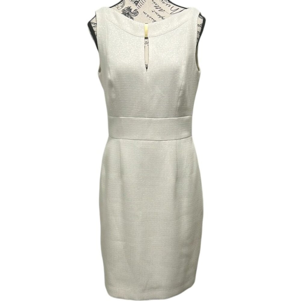Tahari ASL Sheath Dress Size 8 Ivory Gold Metallic